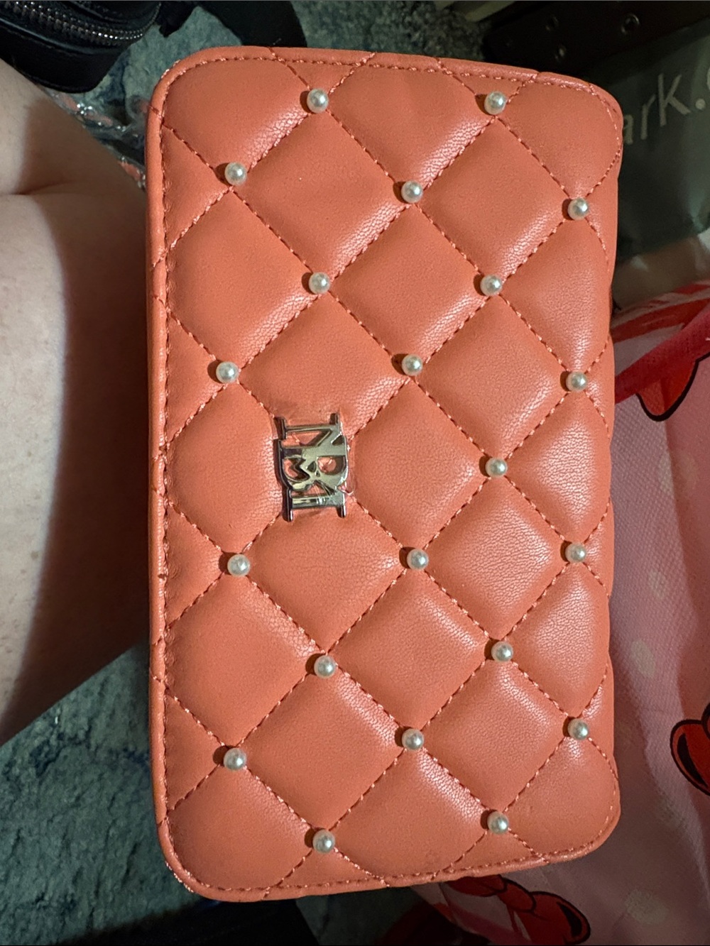 Badgley Mischka Coral Quilted Pearl-Accented Zip Wallet